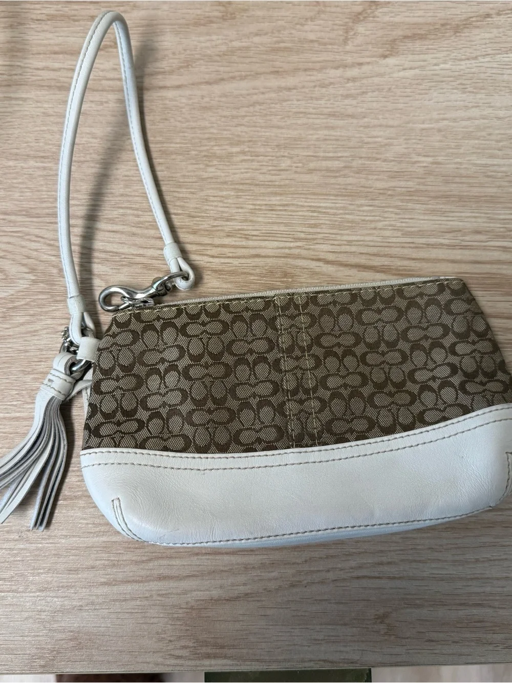 Coach Khaki Signature Canvas Wristlet with White Leather Trim